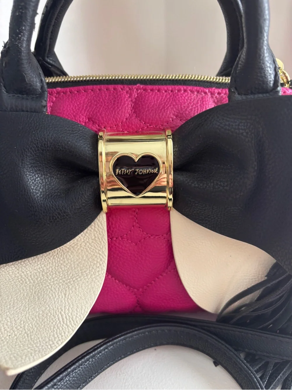 NWT Betsey Johnson Pink Quilted Bow Satchel Crossbody Bag Tassel Purse see note